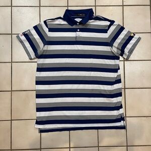 Men’s Ralph Lauren “RLX” Polo Shirt. Blue, gray, white stripes. Short sleeve. XL